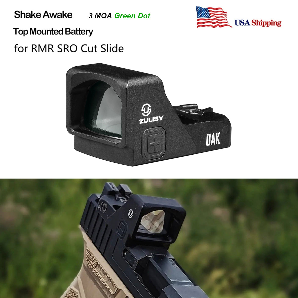 Zulisy OAK Shake to Awake Full size Green Dot Reflex Sight (for RMR SRO Footprint Pistol) 3 MOA 1x24mm Compact Scope with Picatiny Rail M1913 Mount…