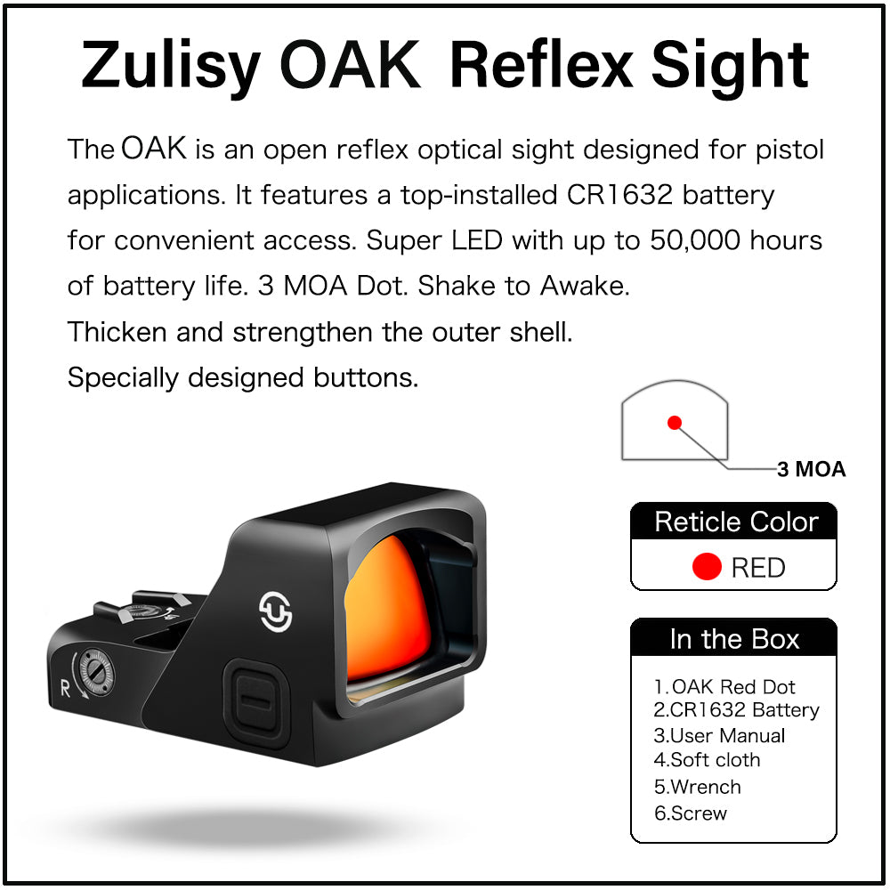 Zulisy Oak Full Size Open Reflex Red Dot Sight (for RMR/SRO/507C/407C Footprint Pistol/Adapter Plate) Shake wake 3 MOA 1x24mm Compact Scope with Picatiny Rail M1913 Mount