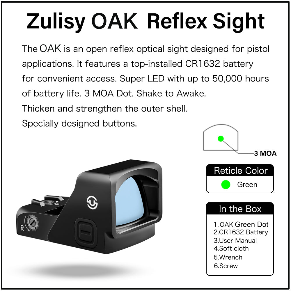 Zulisy OAK 3 MOA Green Dot Sight 1x24mm for RMR/407C Footprint /Adapter Plate with Picatinny