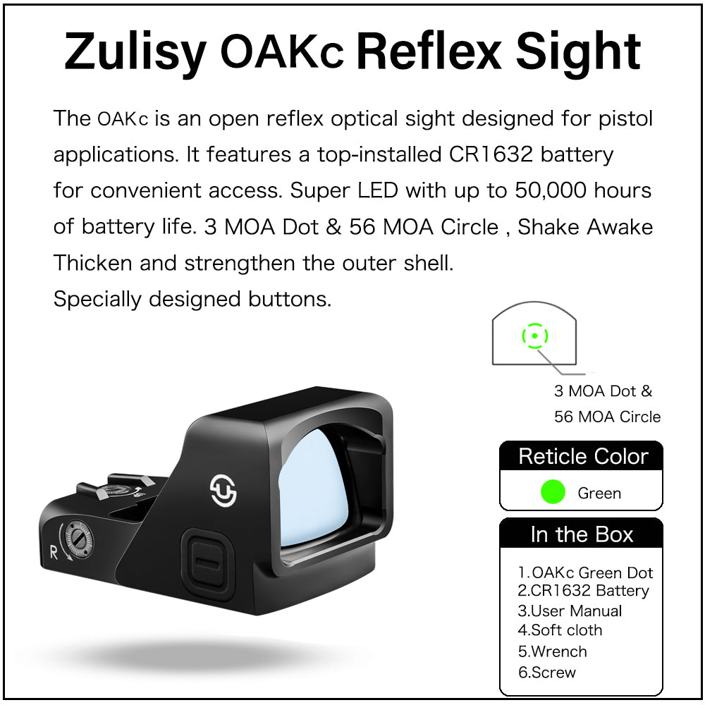 Zulisy OAKc Green Dot Sight 3 MOA Dot & 56 MOA Circle Ring 1x24mm for RMR/407C Footprint /Adapter Plate with Picatinny