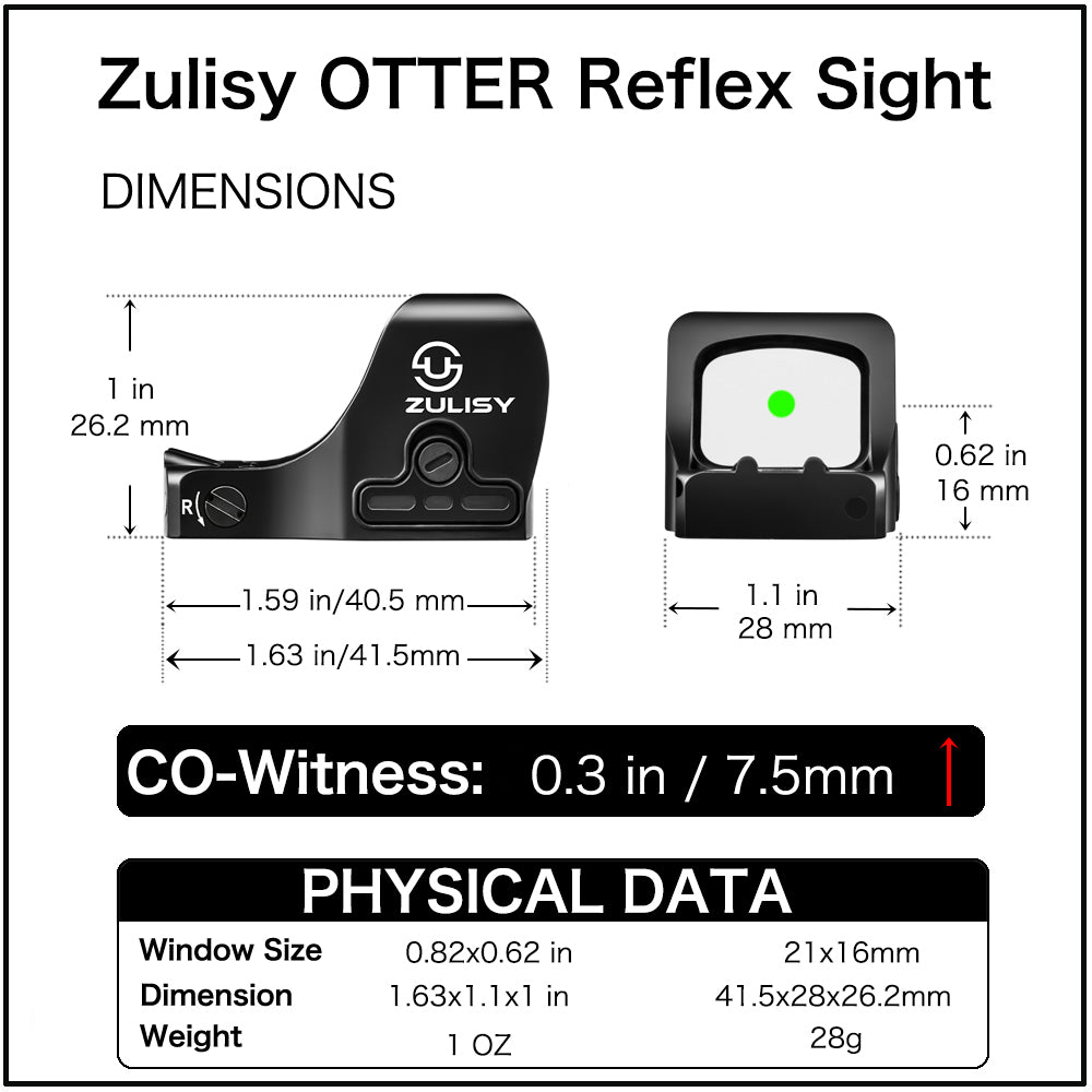 ZULISY OTTER Mini Green Dot Sight, 3 MOA Dot 1x21mm with RMS RMSc 407K Footprint, Side Battery Mount, 1 click 1 MOA