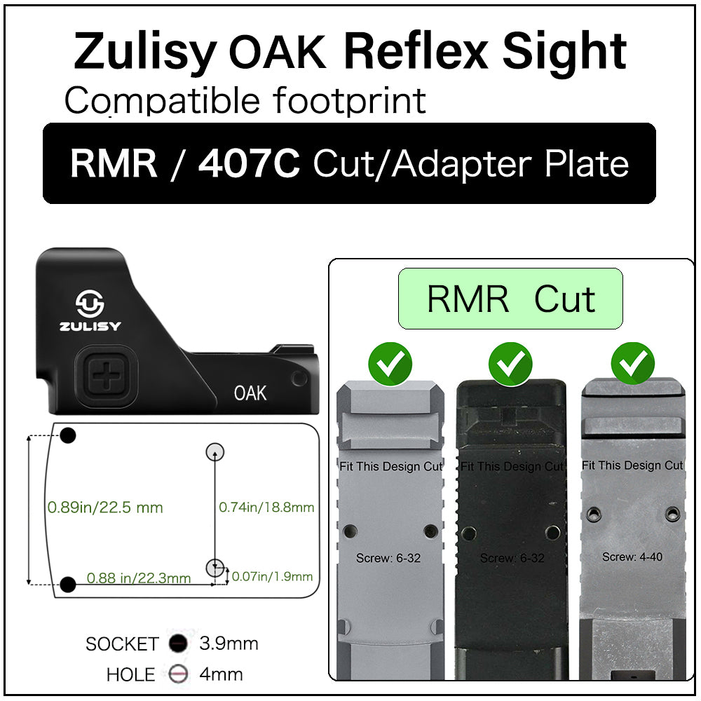 Zulisy Oak Full Size Open Reflex Red Dot Sight (for RMR/SRO/507C/407C Footprint Pistol/Adapter Plate) Shake wake 3 MOA 1x24mm Compact Scope with Picatiny Rail M1913 Mount