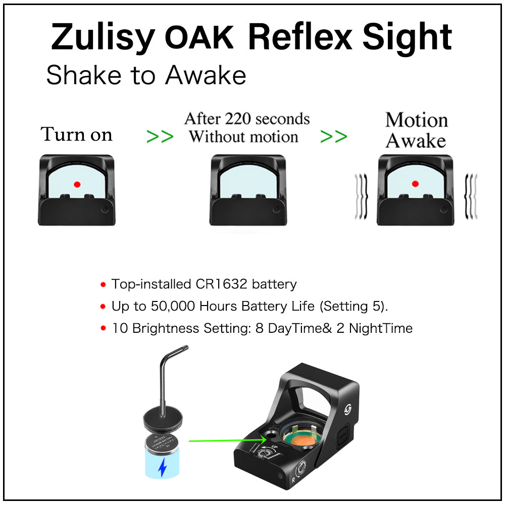 Zulisy Oak Full Size Open Reflex Red Dot Sight (for RMR/SRO/507C/407C Footprint Pistol/Adapter Plate) Shake wake 3 MOA 1x24mm Compact Scope with Picatiny Rail M1913 Mount