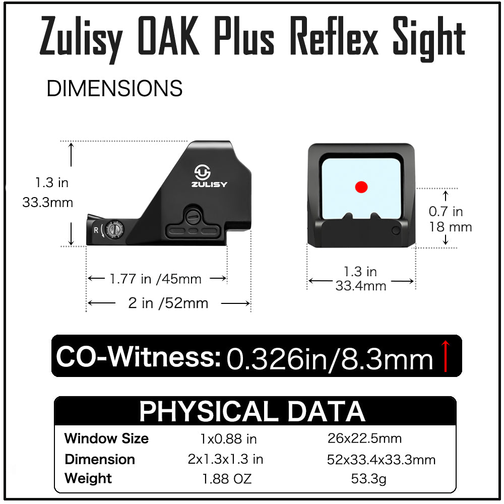 ZULISY OAK Plus Red Dot Sight 1x26mm Big Window for RMR/507C Footprint Pistol/Adapter Plate,