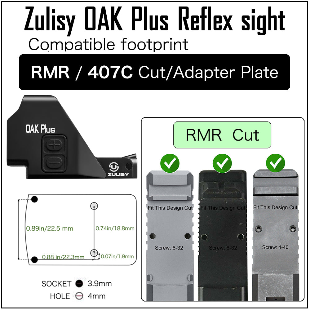 ZULISY OAK Plus Red Dot Sight 1x26mm Big Window for RMR/507C Footprint Pistol/Adapter Plate,