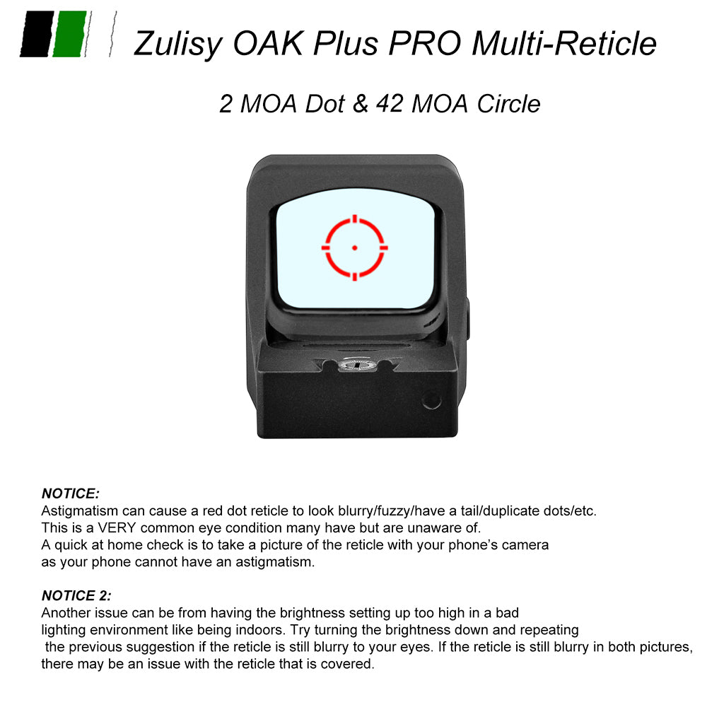 Zulisy Oak Plus PRO (Upgraded) Multi-Reticle 2 MOA Red Dot & 42 MOA Circle Open Reflex Pistol Sight, (for RMR/507C Footprint) 1x26mm Large Lens, Shake to Awake Tactical Hunting EDC Full Size Optics Sights
