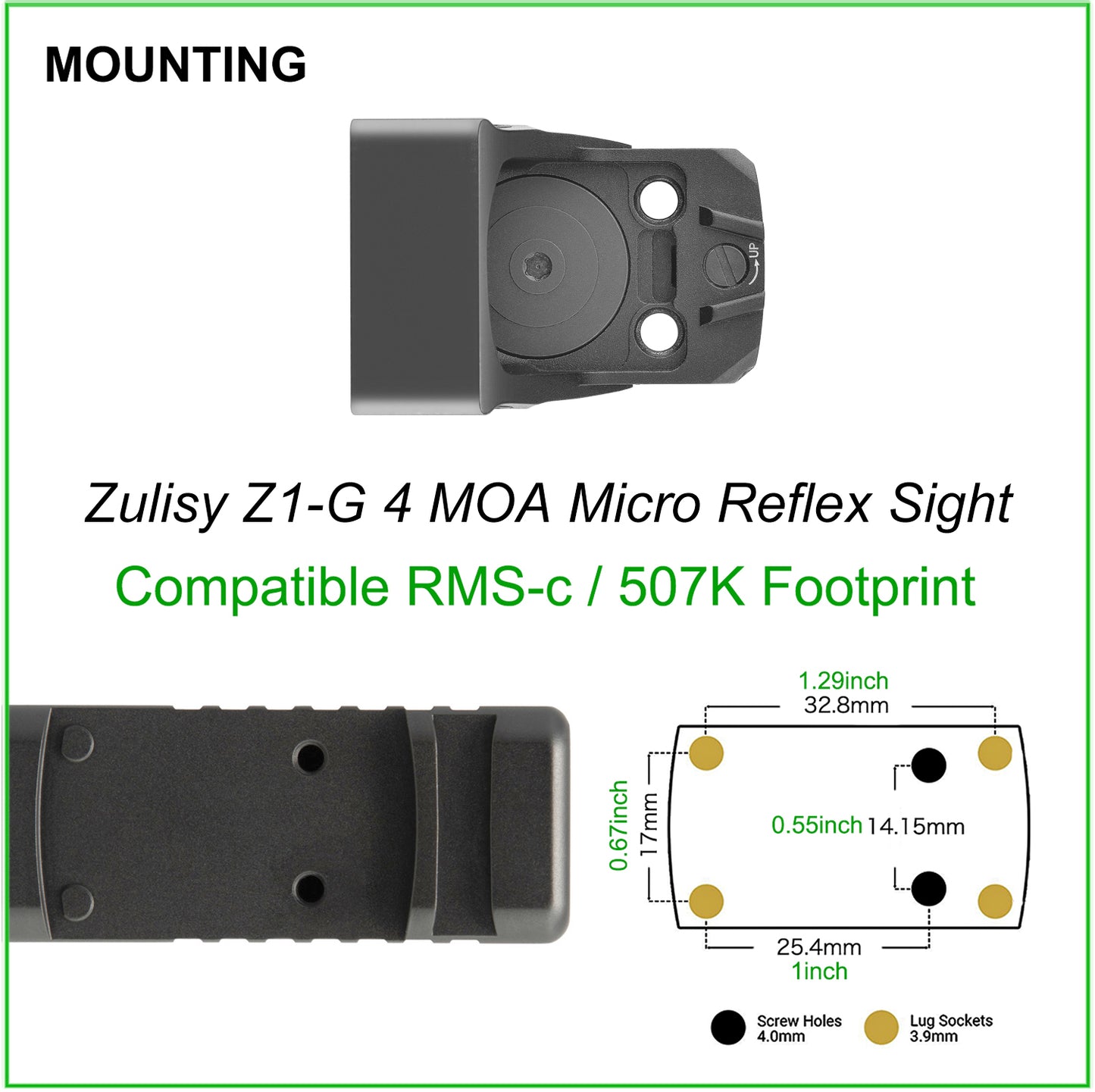 ZULISY Z1-G 4 MOA Micro Green Dot Sight, for RMS RMSc 407K Footprint Compact Pistol Mount, Shake Awake 1x22mm Mini Open Reflex Sight, 1 click 1 MOA