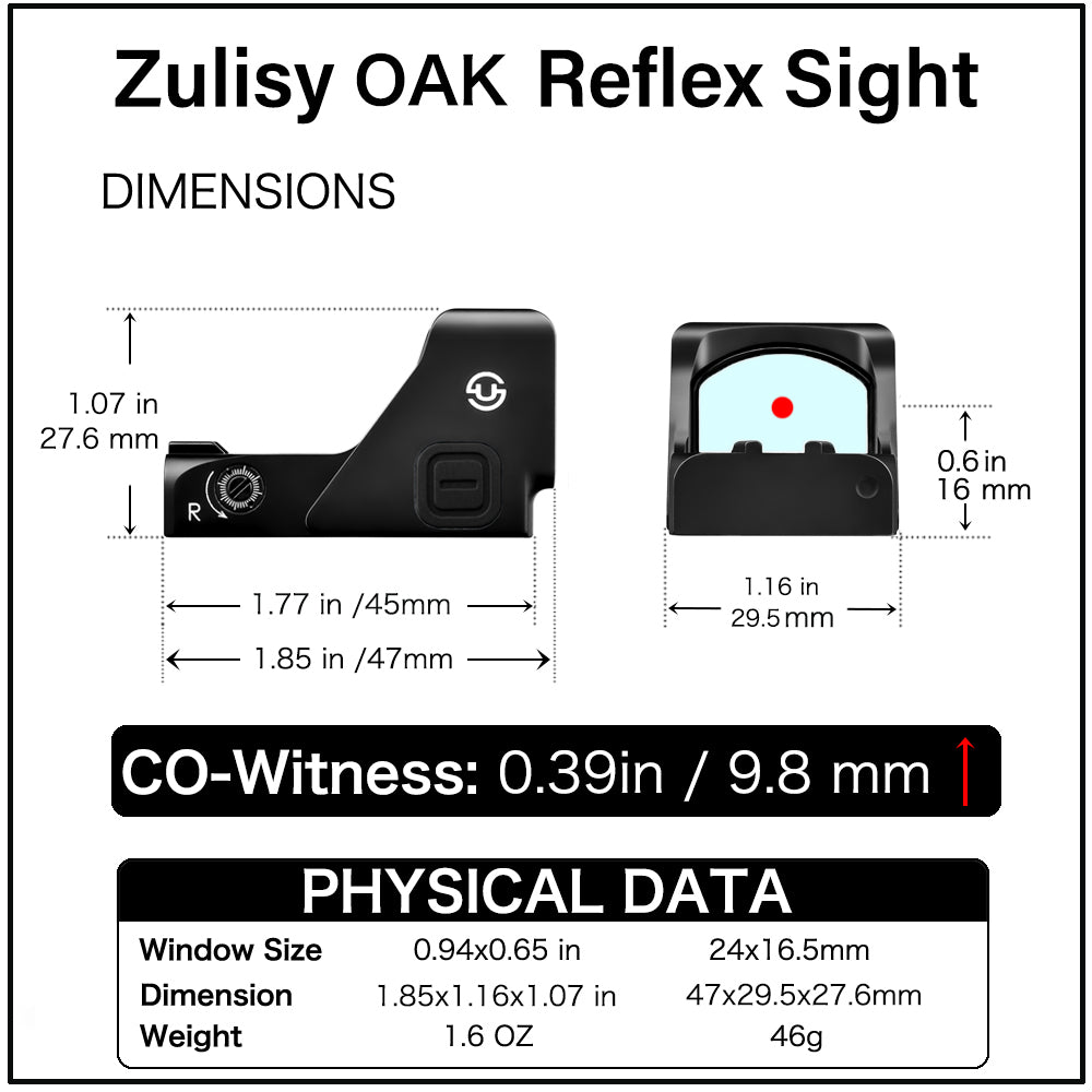 Zulisy Oak Full Size Open Reflex Red Dot Sight (for RMR/SRO/507C/407C Footprint Pistol/Adapter Plate) Shake wake 3 MOA 1x24mm Compact Scope with Picatiny Rail M1913 Mount