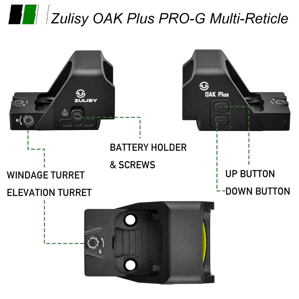 ZULISY Gen 3 OAK Plus 3.5 MOA Green Dot Sight 1x26mm Big Window for RMR/SRO/407C Pistol Cut Adapter Plate