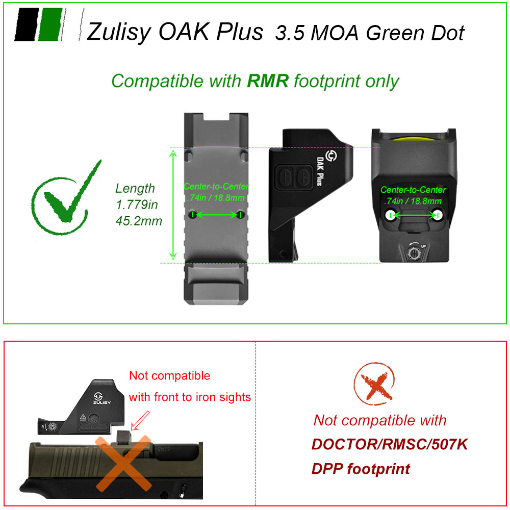 ZULISY Gen 3 OAK Plus 3.5 MOA Green Dot Sight 1x26mm Big Window for RMR/SRO/407C Pistol Cut Adapter Plate