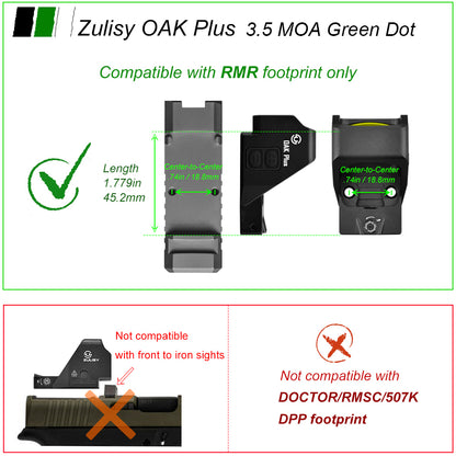 ZULISY Gen 3 OAK Plus 3.5 MOA Green Dot Sight 1x26mm Big Window for RMR/SRO/407C Pistol Cut Adapter Plate