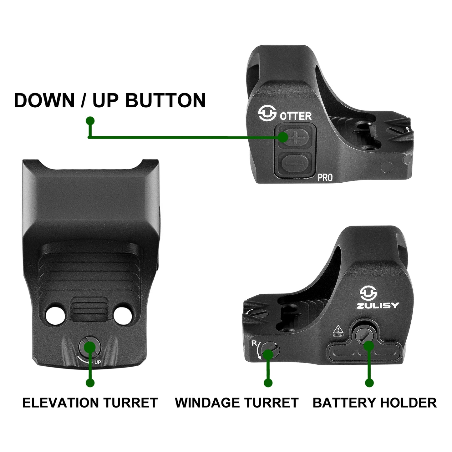 Zulisy Otter PRO Multi-Reticle 2 MOA Green Dot & 36 MOA Circle Open Reflex Sight, for RMS/RMSc 407K/507k Footprint Pistol, Shake Awake, 1x21mm Micro Compact Optics, Side Battery, 1 cliek 1 MOA