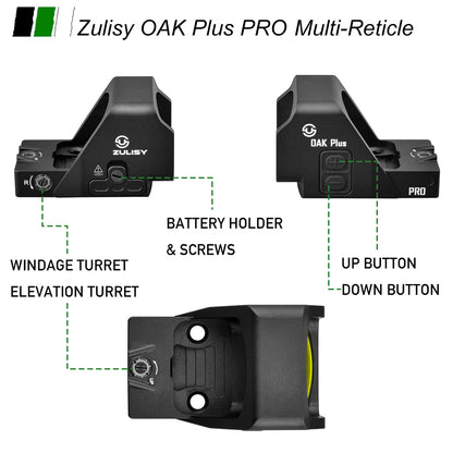 Zulisy Oak Plus PRO (Upgraded) Multi-Reticle 2 MOA Red Dot & 42 MOA Circle Open Reflex Pistol Sight, (for RMR/507C Footprint) 1x26mm Large Lens, Shake to Awake Tactical Hunting EDC Full Size Optics Sights