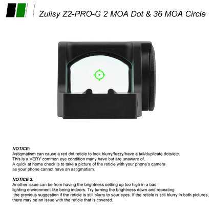 Zulisy Z2 PRO-G Multi-Reticle Green Dot Reflex Sight, 2 MOA Dot & 36 MOA Circle Reticle, for DeltaPoint Pro Footprint Mount, Shake to Awake 1x24mm Large Lens Optic, Fits DPP Cut Adapter Plate Pistol (Green)