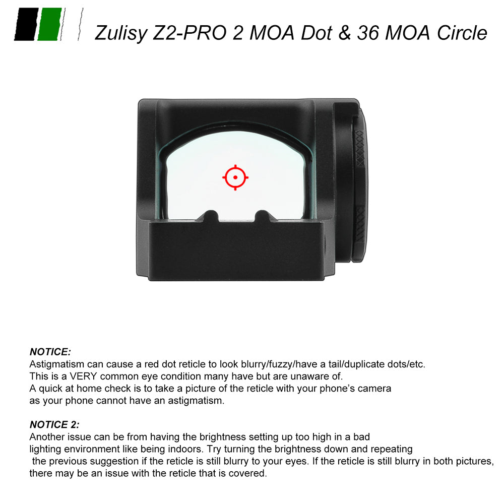 Zulisy Z2 PRO Multi-Reticle Open Reflex Sight, 2 MOA Red Dot & 36 MOA Circle, (for DeltaPoint Pro Footprint Mount), Shake Awake, Full Size 1x24mm Lens, Fits DPP Cut Optics Ready Pistol Adatper Plate