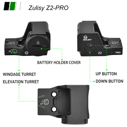 Zulisy Z2 PRO Multi-Reticle Open Reflex Sight, 2 MOA Red Dot & 36 MOA Circle, (for DeltaPoint Pro Footprint Mount), Shake Awake, Full Size 1x24mm Lens, Fits DPP Cut Optics Ready Pistol Adatper Plate